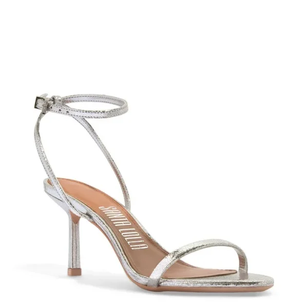 Santa Lolla Silver Metallic Leather Sandal with Thin Heel - Image 2