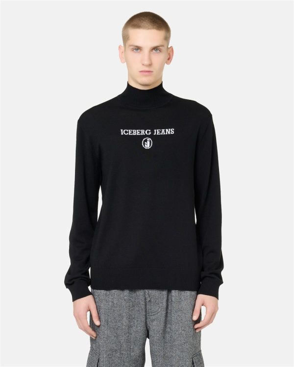 ICEBERG Black turtleneck in plain knit with tonal Iceberg logo