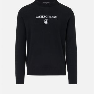 ICEBERG Black crewneck sweater in plain knit with tonal Iceberg logo