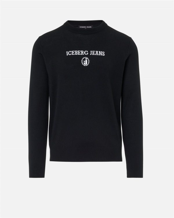 ICEBERG Black crewneck sweater in plain knit with tonal Iceberg logo