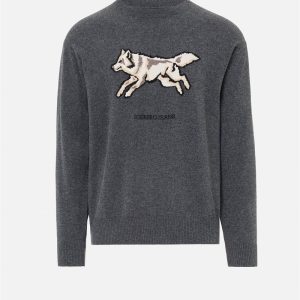 ICEBERG Lead grey crewneck sweater in wool-cashmere blend knit with wolf inlay and Iceberg logo embroidery
