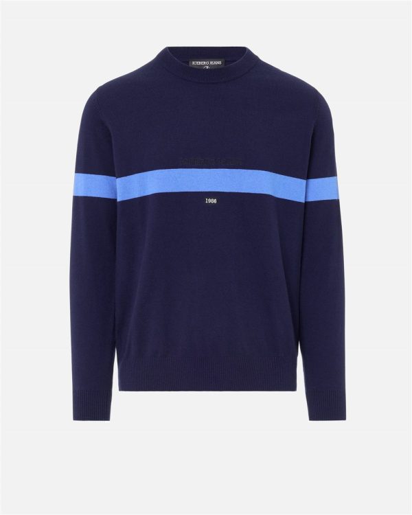 ICEBERG Crewneck sweater in navy wool-cashmere blend with 1986 embroidery and Iceberg logo
