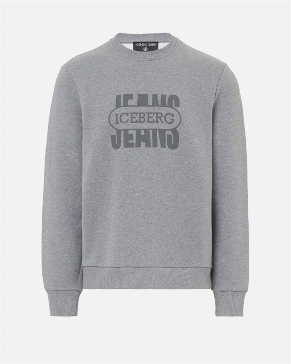 ICEBERG Regular-fit crewneck sweater in melange grey cotton brushed fleece