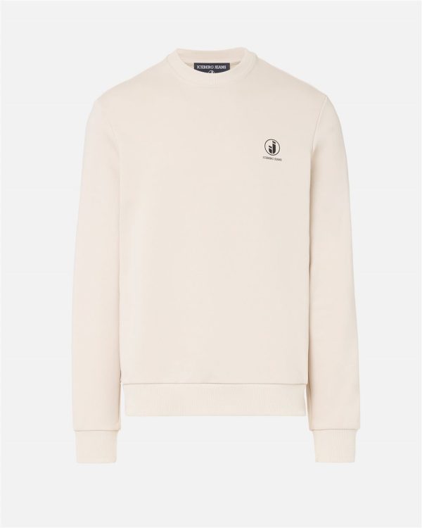 ICEBERG Regular fit crew neck sweater in ivory cotton diagonal fleece with IJ logo print on the heart