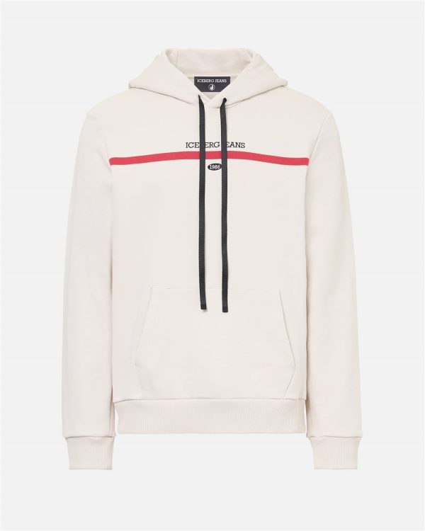 ICEBERG Regular fit hoodie in ivory cotton diagonal fleece with hood, logo print and 1986 date embroidery