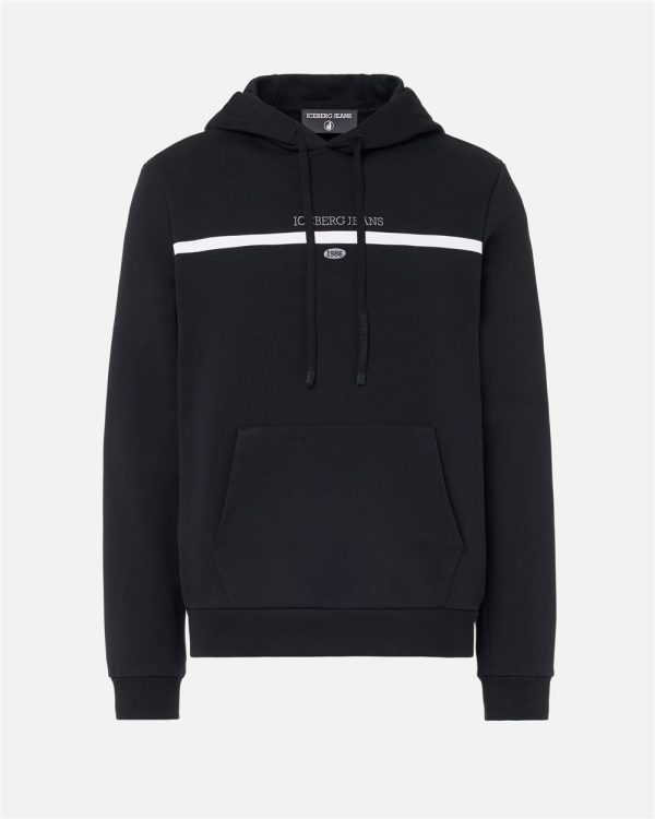 ICEBERG Regular fit hoodie in black cotton diagonal fleece with hood, logo print and 1986 date embroidery