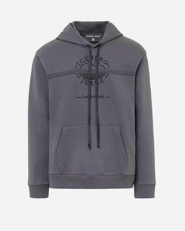 ICEBERG Chill Fit Hoodie in diagonal cotton fleece in lead grey with Iceberg logo and mountain details
