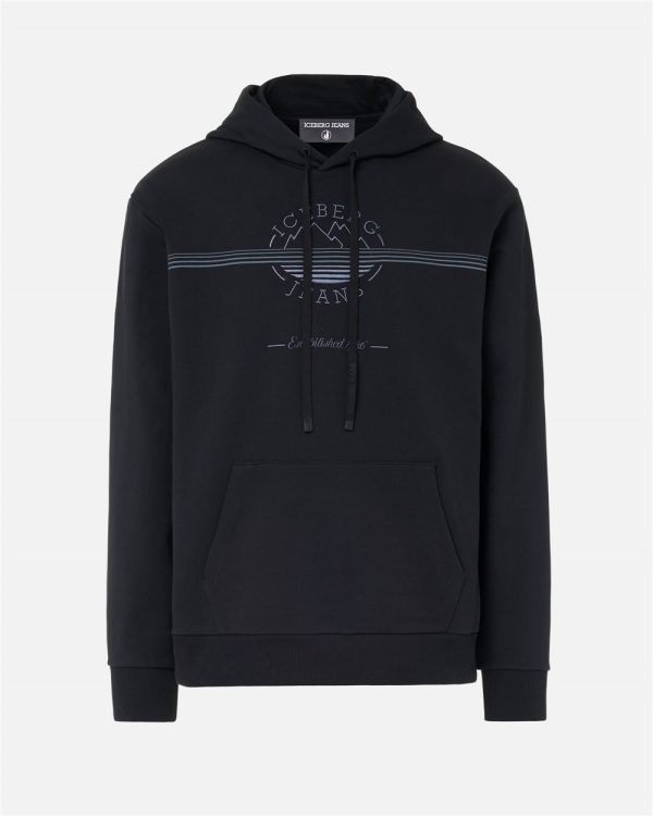 ICEBERG Chill Fit Hoodie in black cotton diagonal fleece with Iceberg logo and mountain details