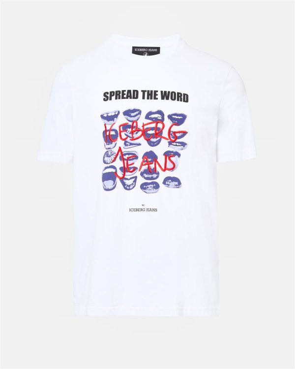 ICEBERG Regular Fit T-shirt in Optical White Cotton Jersey with Mouth Print and Iceberg Logo Embroidery