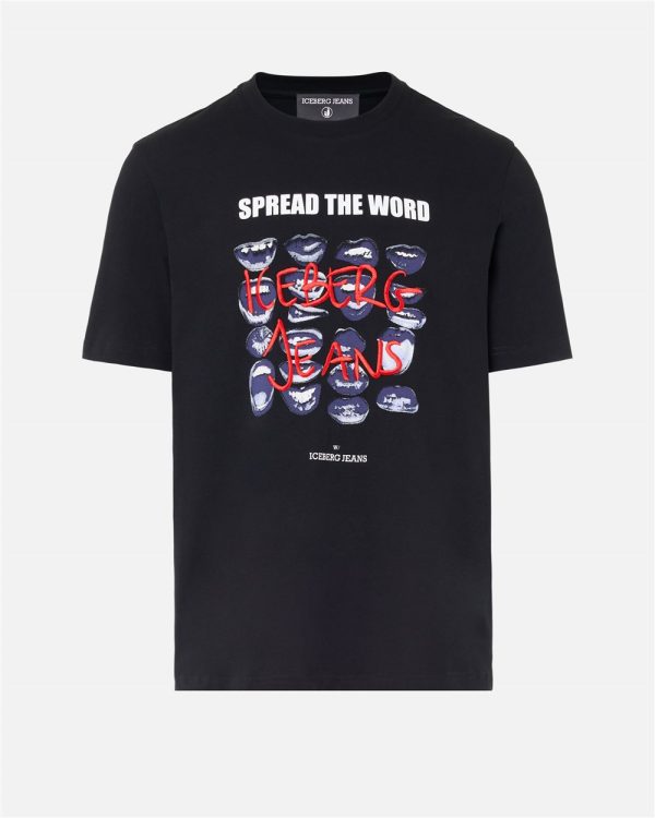 ICEBERG Regular Fit T-shirt in Black Cotton Jersey with Mouth Print and Iceberg Logo Embroidery