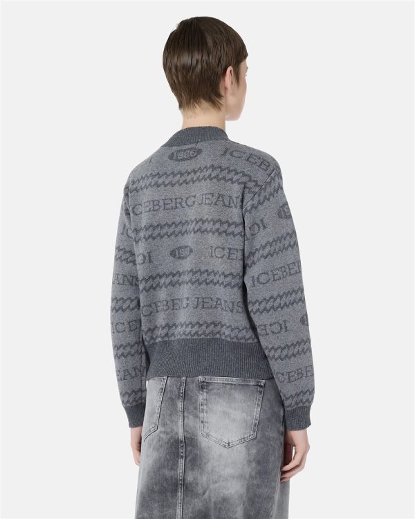 ICEBERG Boxy-fit crewneck sweater in light and dark gray jacquard with Iceberg 1986 logo - Image 2