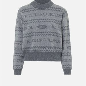 ICEBERG Boxy-fit crewneck sweater in light and dark gray jacquard with Iceberg 1986 logo