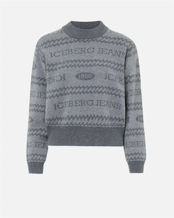 ICEBERG Boxy-fit crewneck sweater in light and dark gray jacquard with Iceberg 1986 logo