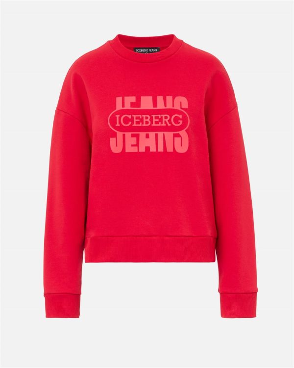 ICEBERG Red crewneck sweater in fleece with tonal vintage logo