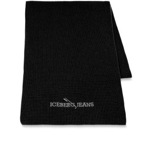 ICEBERG Black wool and cashmere scarf with embroidered Iceberg logo and pin