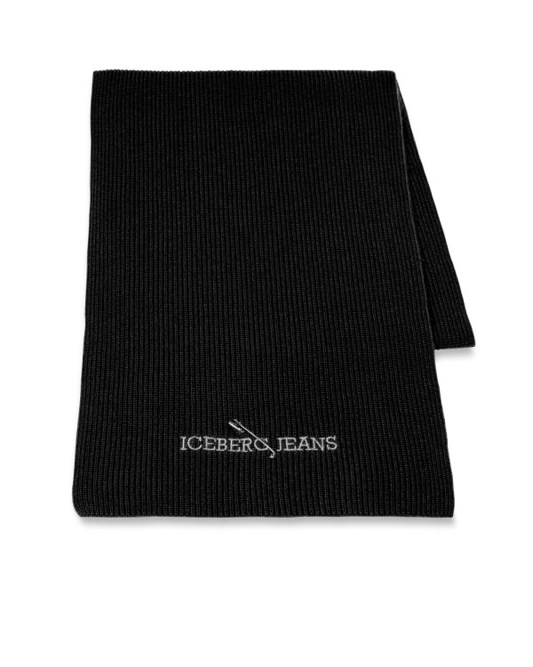 ICEBERG Black wool and cashmere scarf with embroidered Iceberg logo and pin