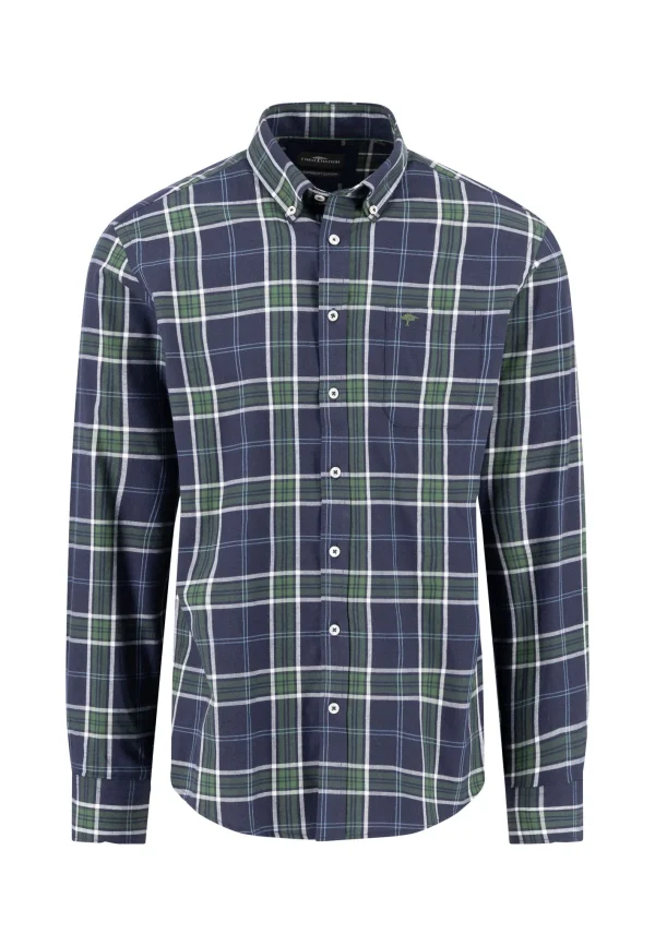 FYNCH-HATTON Green-blue checked cotton shirt with a button-down collar
