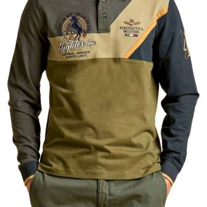 Aeronautica Militare Men's Long Sleeve Color-Block Polo in Pique and Jersey Dark Olive/Grigio/Blu